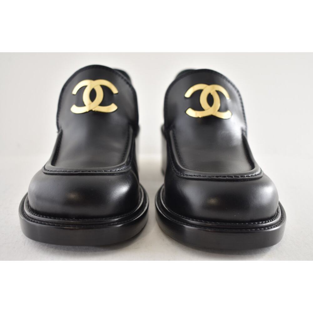 Chanel 55mm Black Calfskin Leather CC Gold Logo Block Heel Platform Loafer 39 - Picture 14 of 16